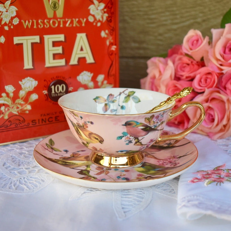 Teacup and Saucer -- Blush Pink & Gold with Birds