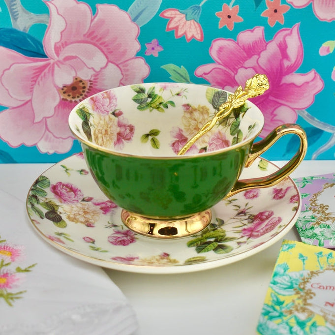 Teacup and Saucer -- Country Garden Green