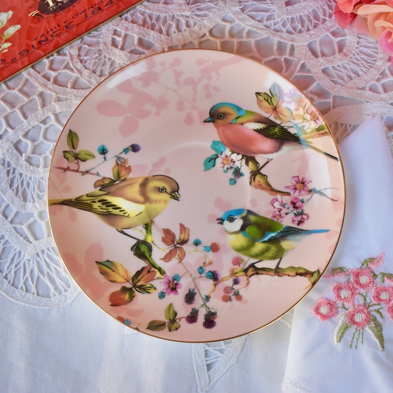 Teacup and Saucer -- Blush Pink & Gold with Birds